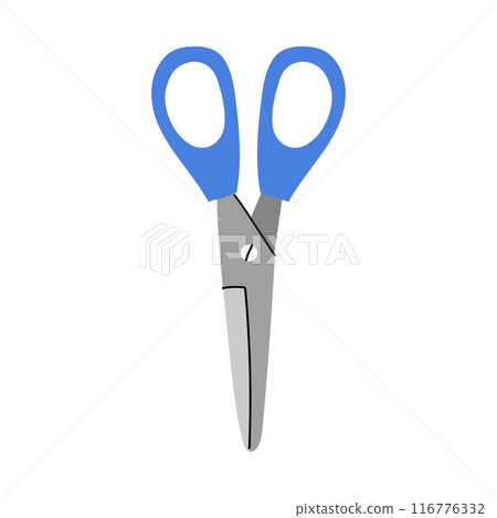 An illustration of cute blue office scissors. Paper cutting tool. Back to school icon. 116776332