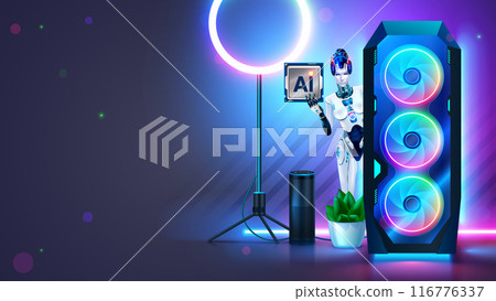 Gaming pc with AI chip. Desktop gaming computer with neon light on desk. GPU or CPU with AI or Artificial Intelligence chip. Robot woman with AI chip in hand it looks out of computer system unit. 116776337