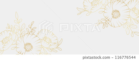 Golden poppy flowers line art isolated on white background. Luxury floral design elements for invitation, wedding, wallpaper, print template, vector illustration 116776544