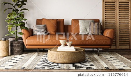 African bright livingroom with green plant, ethnic carpet and orange sofa background. Light modern japanese nature interior. 3d rendering. High quality 3d illustration African bright livingroom with green plant, ethnic carpet and orange sofa background. Light modern japanese nature interior. 3d rendering. High quality 3d illustration 116776614