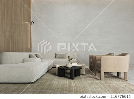 Gray minimal livingroom with large modular sofa, armchairs. Light modern japanese nature view. 3d rendering illustration 116776615