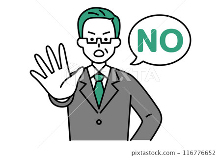 A middle-aged man in a suit holds his right hand forward to say NO 116776652