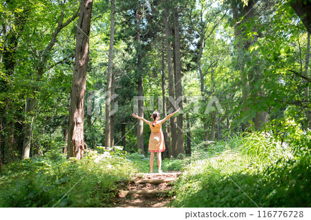 A girl who spreads her hands in the woods 116776728