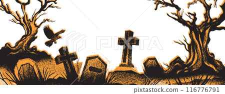 Halloween graveyard landscape, vector scary holiday cemetery view, stone tomb, cross, old tree, crow 116776791