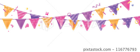 3D holiday flag icon, garland vector carnival decoration party happy birthday string, paper confetti 116776793
