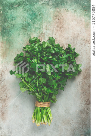 a bouquet of fresh coriander, a bunch of coriander on the table, top view, a bouquet of fresh coriander, a bunch of coriander on the table, top view, 116776884