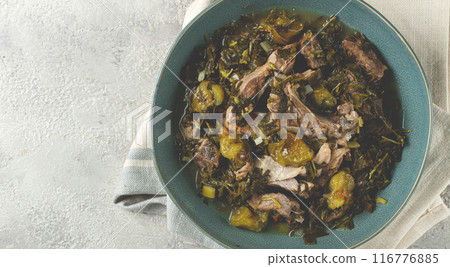 chakapuli, Georgian dish, stewed meat with herbs and tkemali, in white wine, homemade, no people, chakapuli, Georgian dish, stewed meat with herbs and tkemali, in white wine, homemade, no people, 116776885