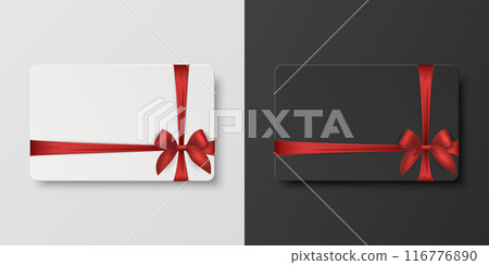 Vector 3D Realistic Blank Gift Card and Gift Certificate Template with Silk Red Ribbon and Satin Bow. Greeting or Sale Card, Isolated. Birthday, Christmas, Party Gifts, Invitation Concept 116776890