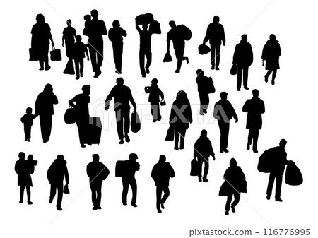 People walking on street silhouette, man woman walking, International immigration concept silhouette of families go to refugee camp 116776995
