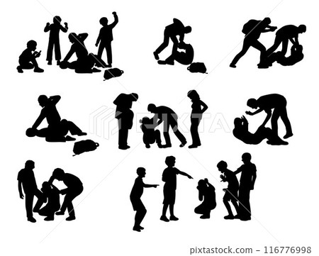 Bullying silhouette, bullying in schoolyard, schoolchildren filming on the phone torturing bullying their classmate in school silhouette 116776998