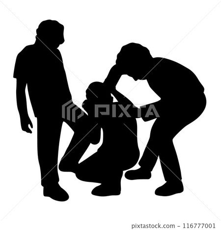 Bullying silhouette, bullying in schoolyard, schoolchildren filming on the phone torturing bullying their classmate in school silhouette 116777001