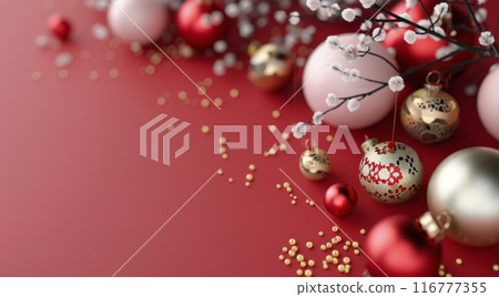 Christmas Ornaments on Red Background 116777355
