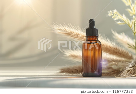 Amber Bottle With Dropper on White Table 116777358