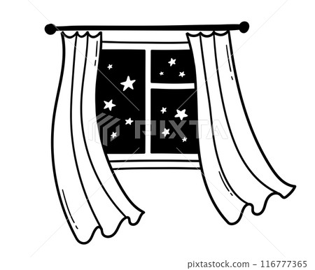 Night window with curtains and starry night 116777365
