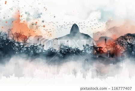 Watercolor Illustration of Sugarloaf Mountain in Rio De Janeiro 116777407