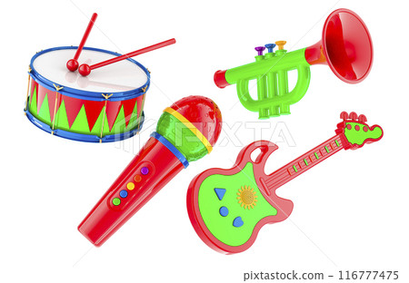 Toy guitar for toddlers, drum, children trumpet toy musical and toy microphone. 3D rendering 116777475