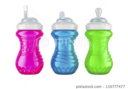 Sippy Cups for Babies and Toddlers and No Spill Sippy Cup with Flex Straw for kids. 3D rendering Sippy Cups for Babies and Toddlers and No Spill Sippy Cup with Flex Straw for kids. 3D rendering 116777477