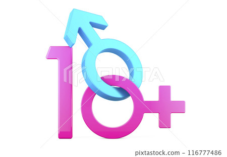 18+ concept, with female and male gender symbols. 3D rendering 116777486