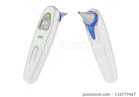 Digital Temperature Thermometer for Ear and Forehead, Infrared Digital Thermometer. Front and back views. 3D rendering 116777487