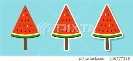 A set of stickers or watermelon slice icons on a stick on a blue background. 116777526