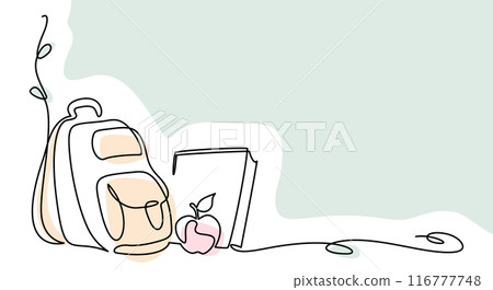 Back to school decoration. Continuous one line drawing of apple and backpack 116777748