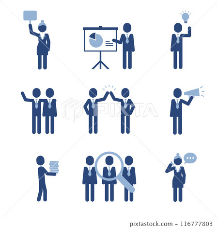 Business people icon pictograms. Leadership training, meeting and corporate career. Modern simple style pictogram concept. Blue color characters set. Simple material design for web and website. Business people icon pictograms. Leadership training, meeting and corporate career. Modern simple style pictogram concept. Blue color characters set. Simple material design for web and website. 116777803