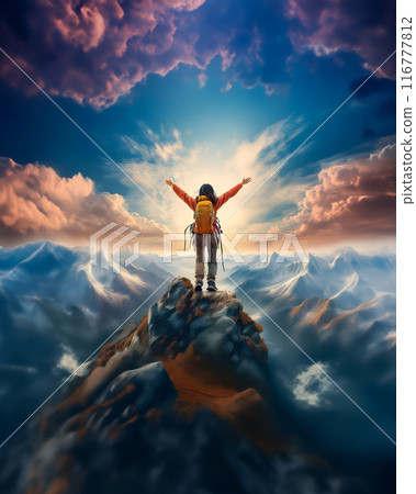 登山者在山頂張開雙臂的插圖 116777812