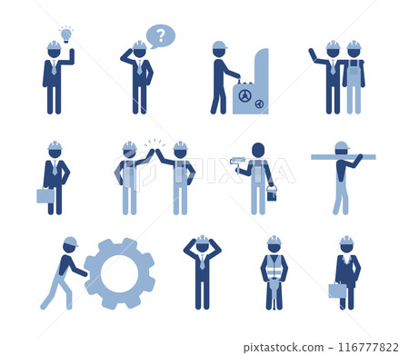 Isolated vector icons set of blue pictogram men in reflecting orange vest and white safety helmet, white background. Building and construction characters set. 116777822