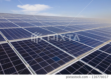 Photovoltaic panels for producing clean ecological electric energy. Commercial building with solar roof. Renewable electricity with zero emission concept 116778017