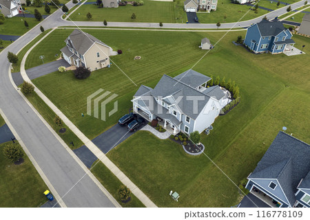 Housing market in the USA. Residential homes in suburban sprawl development in Rochester, New York. Low-density two story private houses in rural suburbs 116778109
