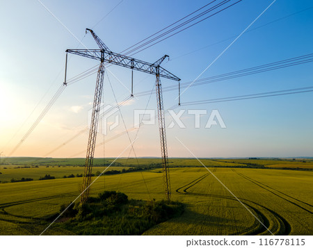 High voltage towers with electric power lines at sunset. 116778115