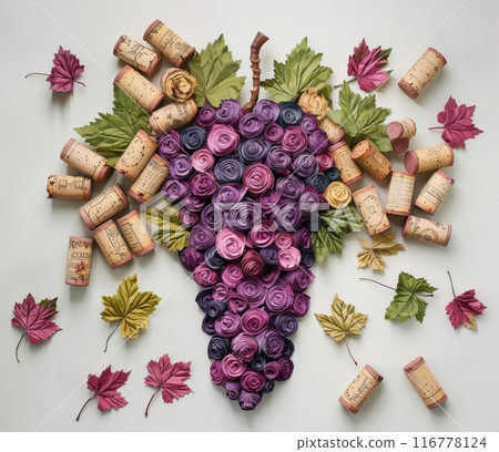 Wine corks and grape-shaped paper flowers in purple tones creating a stunning wine-themed artwork 116778124