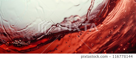 Close-up of red wine swirling in a glass showing liquid movement and texture 116778144
