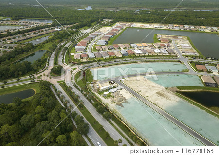 Ground prepared for building of new residential houses in Florida suburban development area. Concept of growing american suburbs Ground prepared for building of new residential houses in Florida suburban development area. Concept of growing american suburbs 116778163