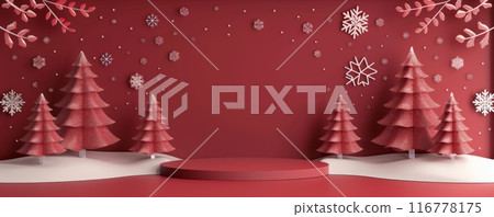 Elegant red Christmas background with trees and snowflakes for holiday designs 116778175