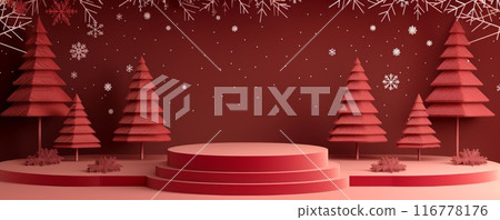 Festive red Christmas background with Christmas trees and snowflakes 116778176