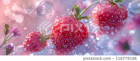 Close-up of fresh strawberries floating in water with bubbles and floral elements Close-up of fresh strawberries floating in water with bubbles and floral elements 116778186
