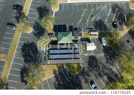 Top view of power facility with solar photovoltaic panels for producing of clean ecological electrical energy. Concept of autonomous home 116778285