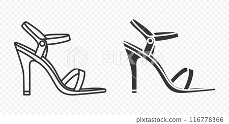 Flat Vector Linear and Silhouette High-heeled Sandals Icon Set Isolated. Footwear Symbol Set, Design Template, Clipart. Vector Illustration 116778366