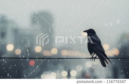 Crow Perched on Wire in Rain Crow Perched on Wire in Rain 116778387