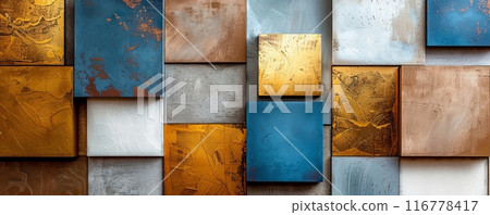 Color palette for interior design featuring gold, blue, and metallic textures 116778417