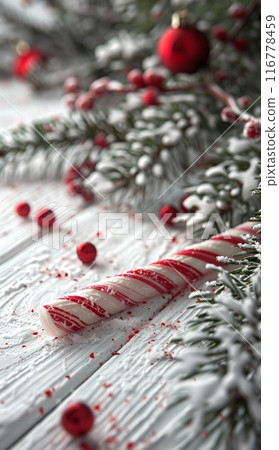 Close-up of candy cane and pine tree branch with red ornaments in a festive Christmas setting 116778459
