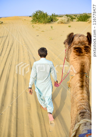 Point of view image of traveler on camel walking through desert with guide Point of view image of traveler on camel walking through desert with guide 116778477
