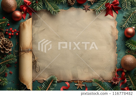 Vintage Christmas-themed photo frame with festive decorations including ornaments and pine branches 116778482