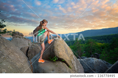 Young woman climbing alone on rocky mountain path. Female hiker enjoying difficult challenge on wilderness trail. Active way of life concept 116778495