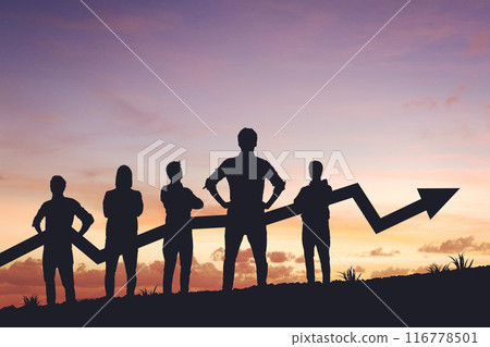 Team silhouette and up graph arrow on sunset background, leadership and teamwork concept Team silhouette and up graph arrow on sunset background, leadership and teamwork concept 116778501