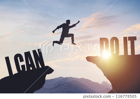 Silhouette of a man jumping from cliff to cliff, business and success concept 116778505
