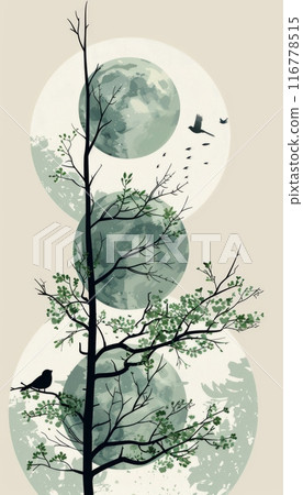 Minimalist card design featuring tree branches, birds, and three circular moon phases 116778515