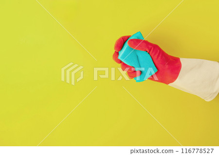 Hand in a rubber glove holds a sponge Hand in a rubber glove holds a sponge 116778527