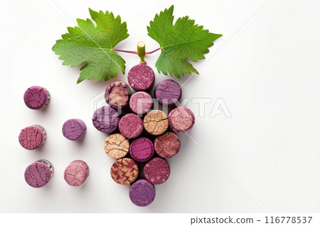 Close-up of wine corks arranged to form a grape cluster with green leaves 116778537